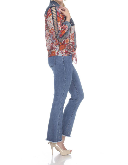 Multi Colored Tie Front Denim Chiffon Blouse With Lattice Sleeve