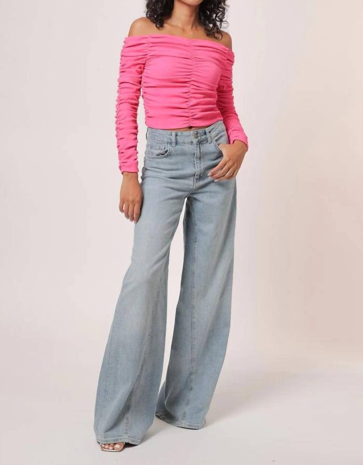 line and dot Kai Off Shoulder Top in hot pink - women's long sleeve top