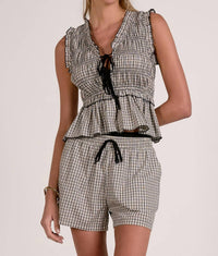 Elan - Gingham Peplum Tie Front Top