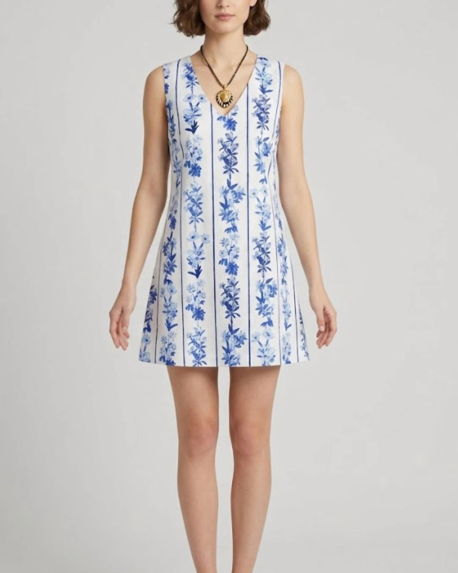 Anna Cate Kaylor Mini Dress in blue floral stripe - women's dress - detail view