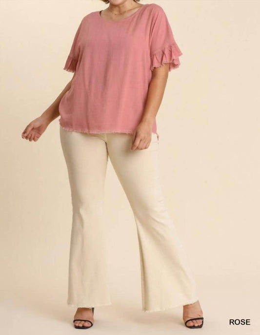 Linen Blend Round Neck Ruffle Sleeves Top