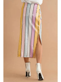 Blue B - Stripe Sequin Side Slit Midi Skirt