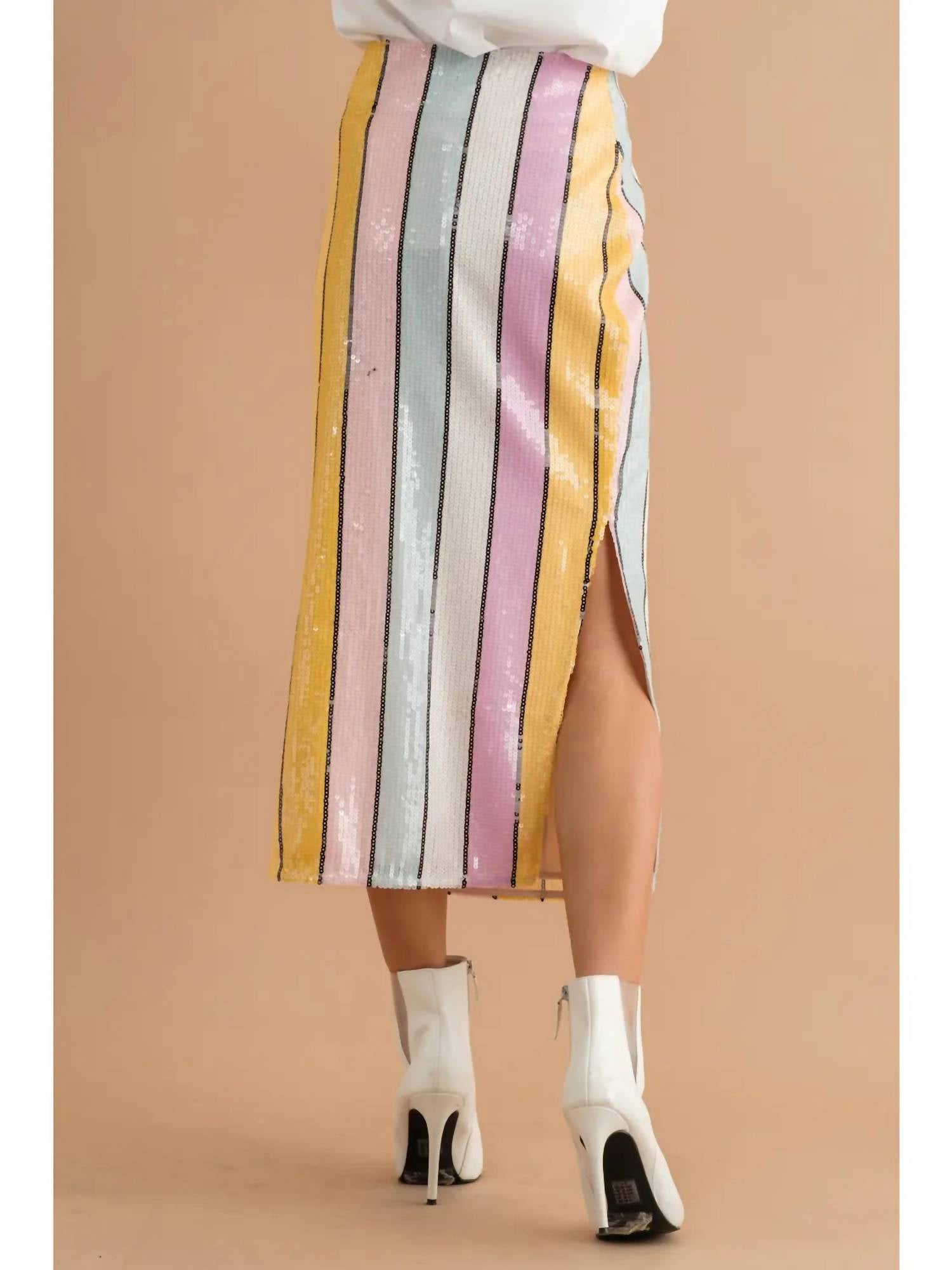 Blue B - Stripe Sequin Side Slit Midi Skirt