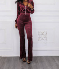 Surelymine - Glam Babe Velvet Two Pieces Set Bomber Jacket and Flare Pants