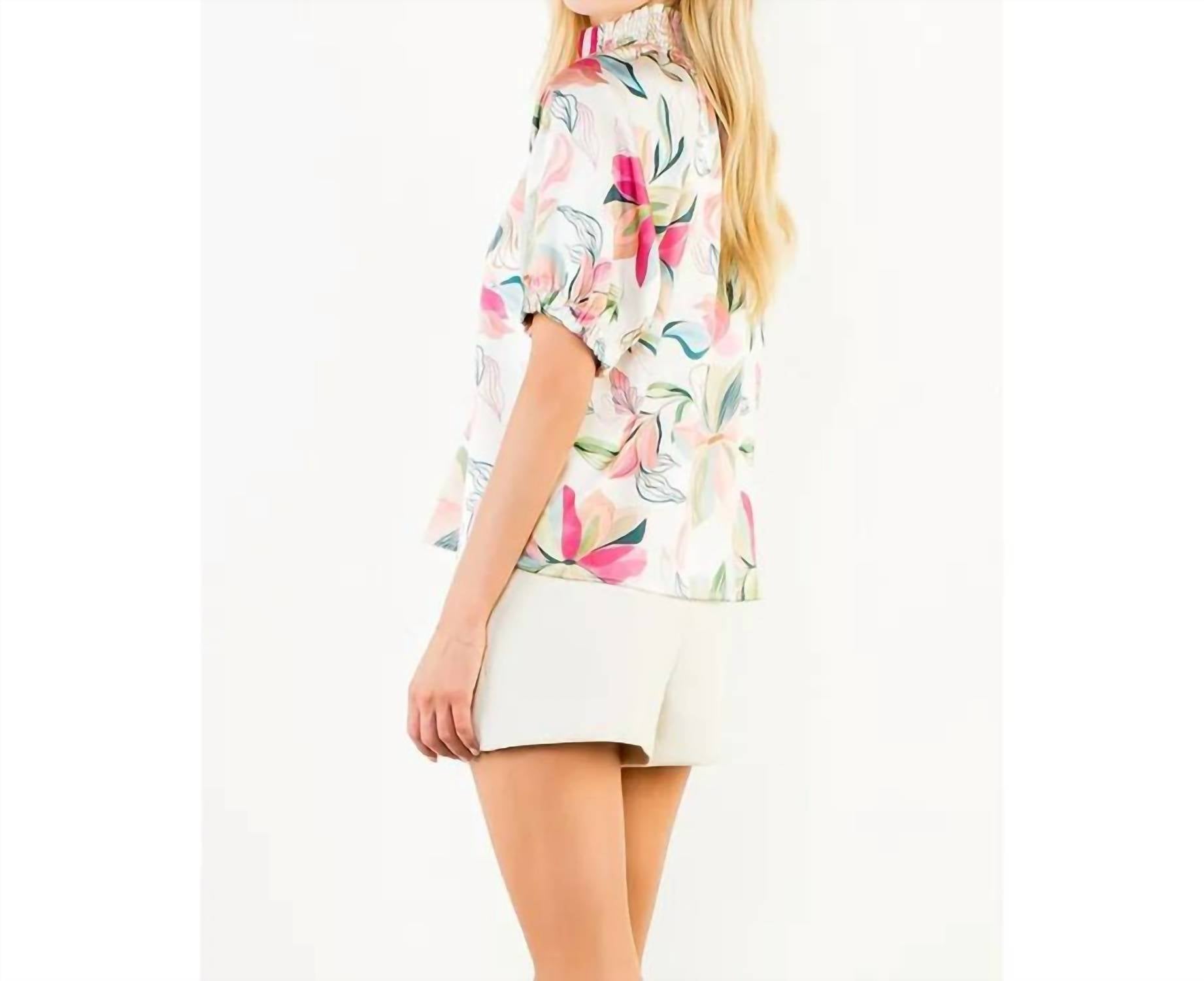 Thml - Floral Satin Short Sleeve Top With Contrast Bands