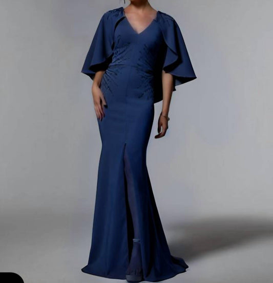 Mgny - V-neck Evening Gown With Draped Cape Sleeves