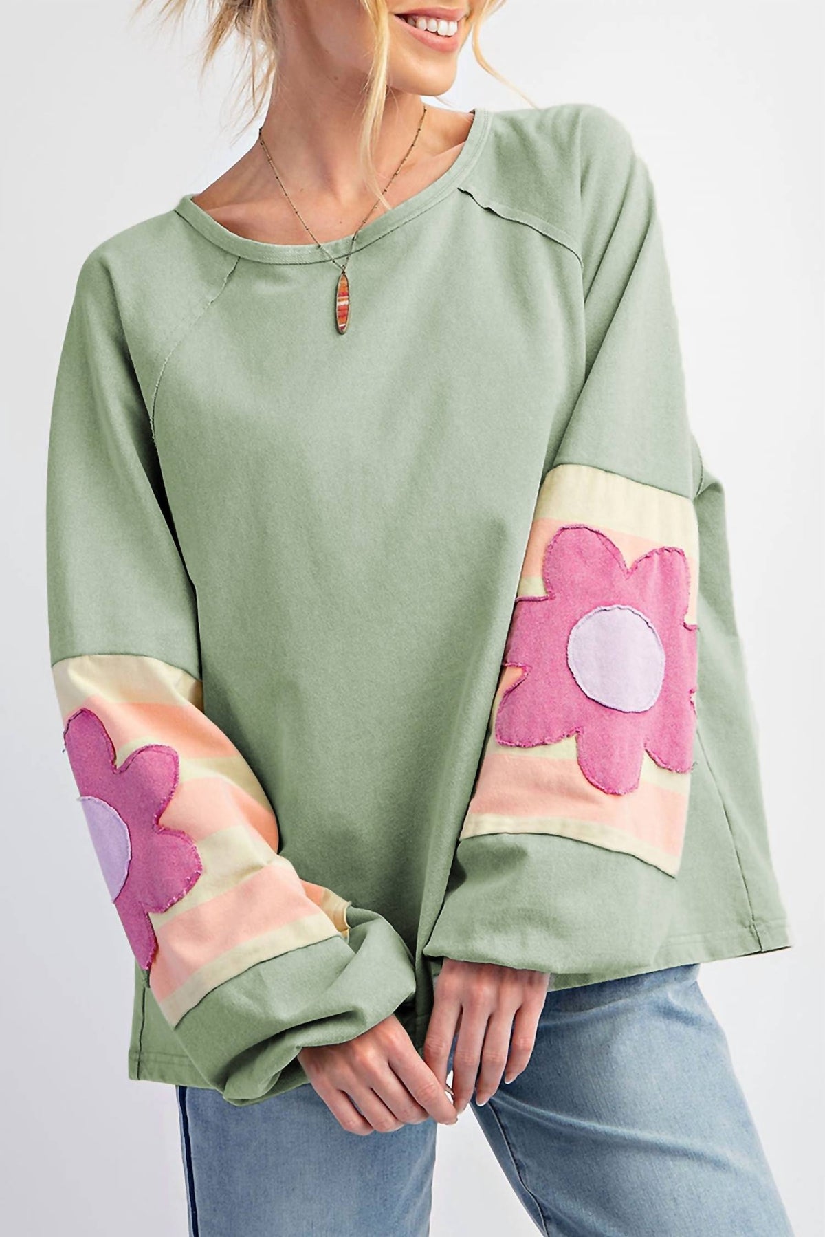 66Disco - Flower Patchwork Raglan Sleeve Exposed Seam Oversized Top