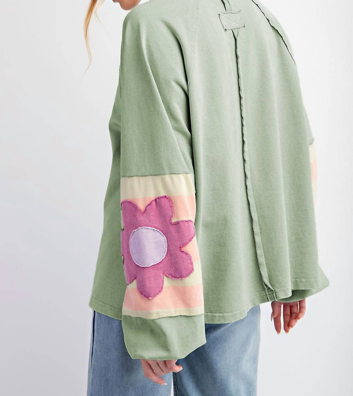 66Disco - Flower Patchwork Raglan Sleeve Exposed Seam Oversized Top