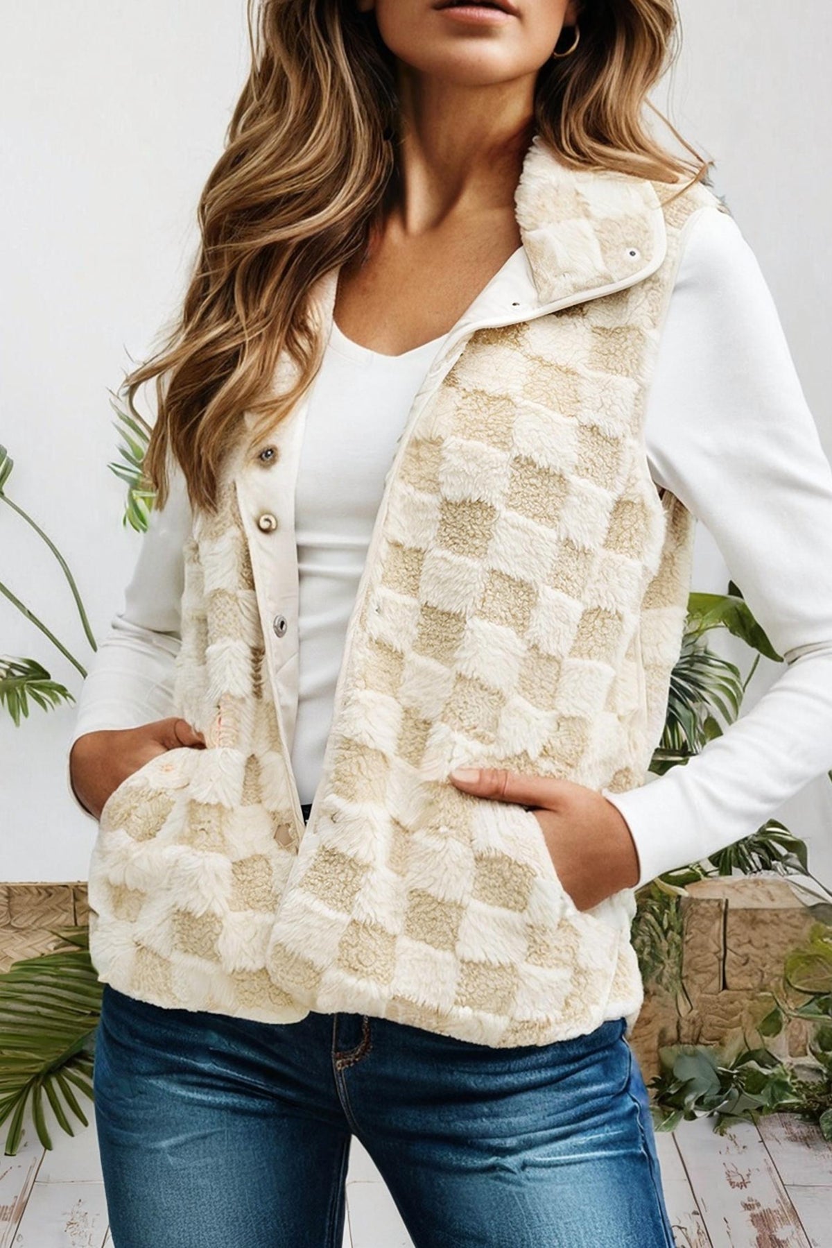 66Disco - Sherpa Checkerboard Snap Button Vest Jacket