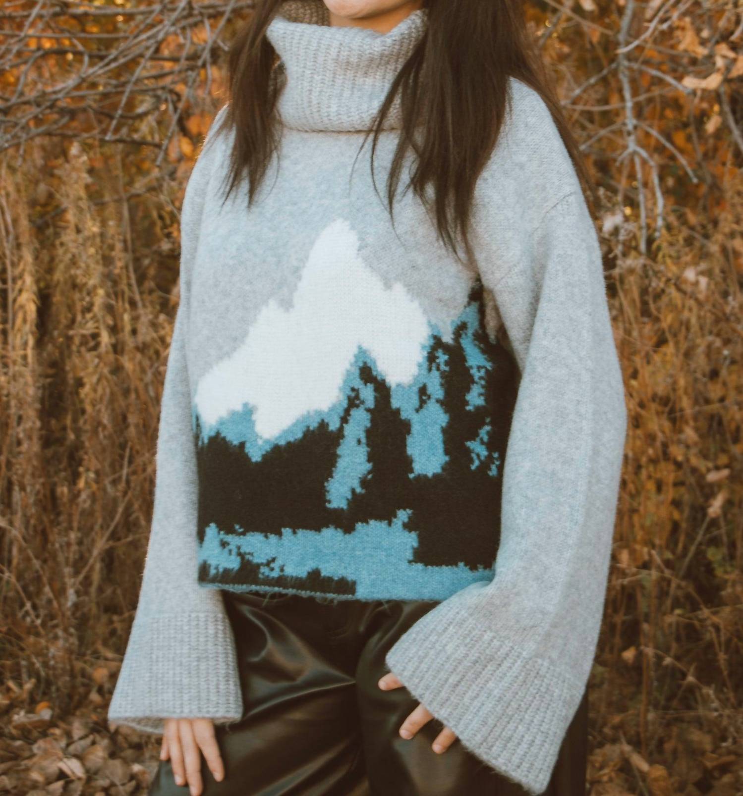 PROMESA In the Mountains Turtleneck Sweater in the mountains turtleneck sweater in grey - women's sweater - detail view
