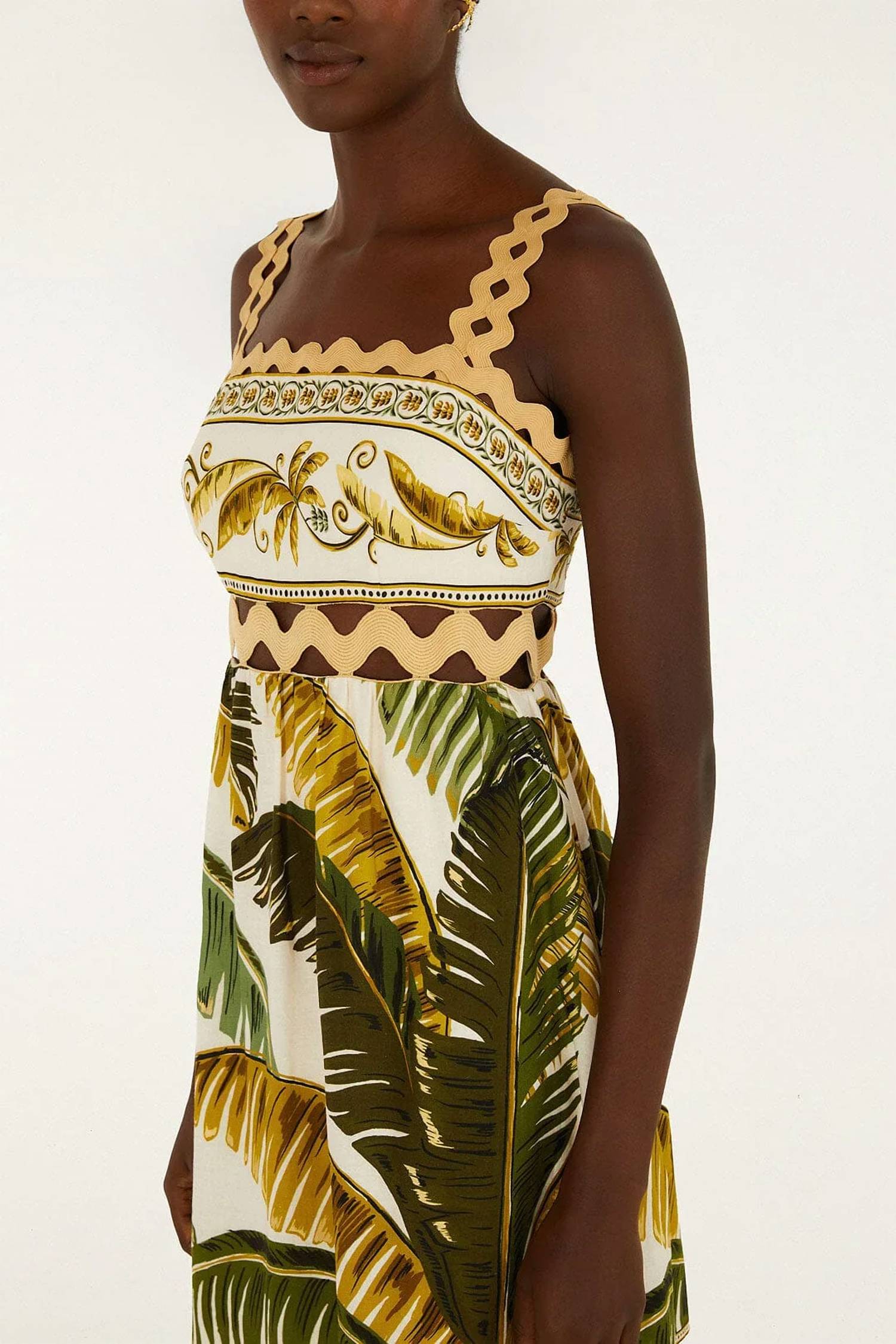 Farm Rio - Tropical Ric Rac Square Neck Midi Dress