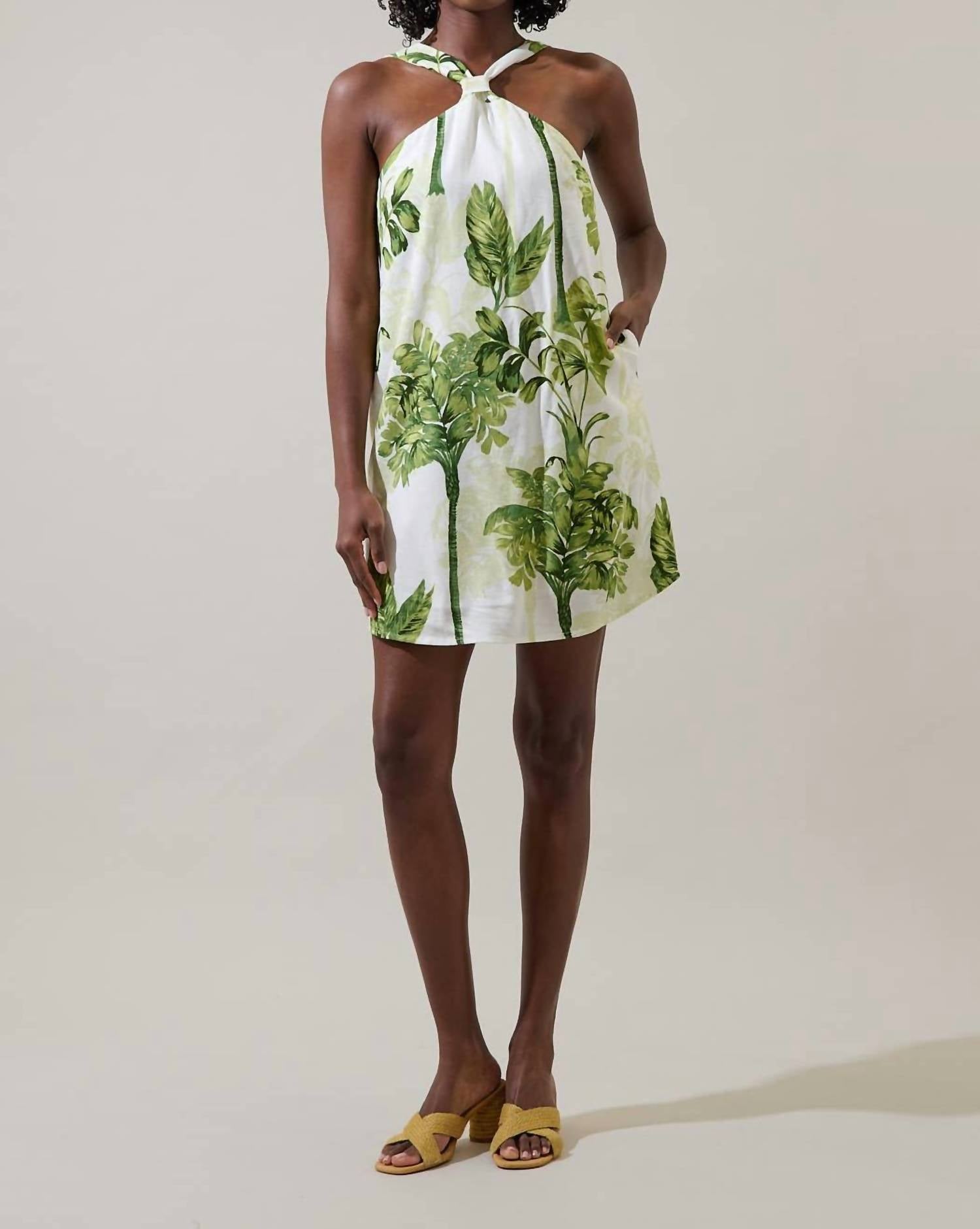 SUGARLIPS Palms Tropical Halter Mini Dress in cream green - women's dress - detail view
