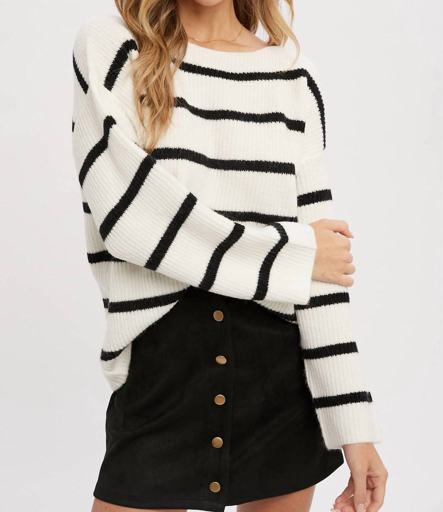 BluIvy Stripe Ribbed Black Oversized Pullover in ivory black - women's sweater - detail view