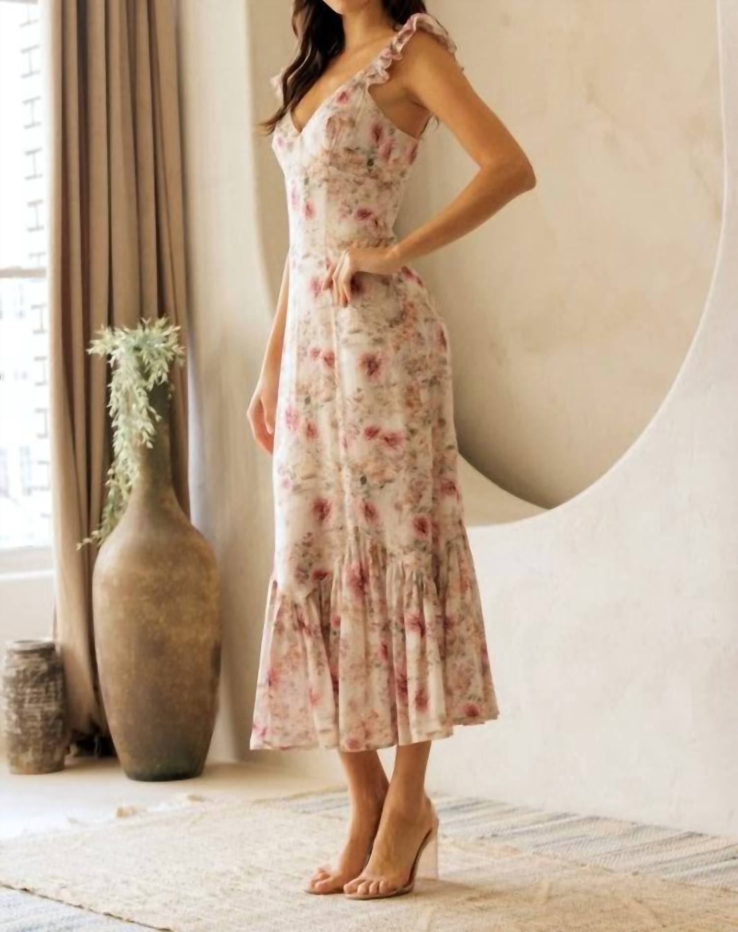 STORIA Floral Ruffle Strap Midi Dress in beige - women's dress - view 5