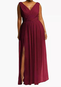Dessy - V-neck Draped Chiffon Maxi Dress