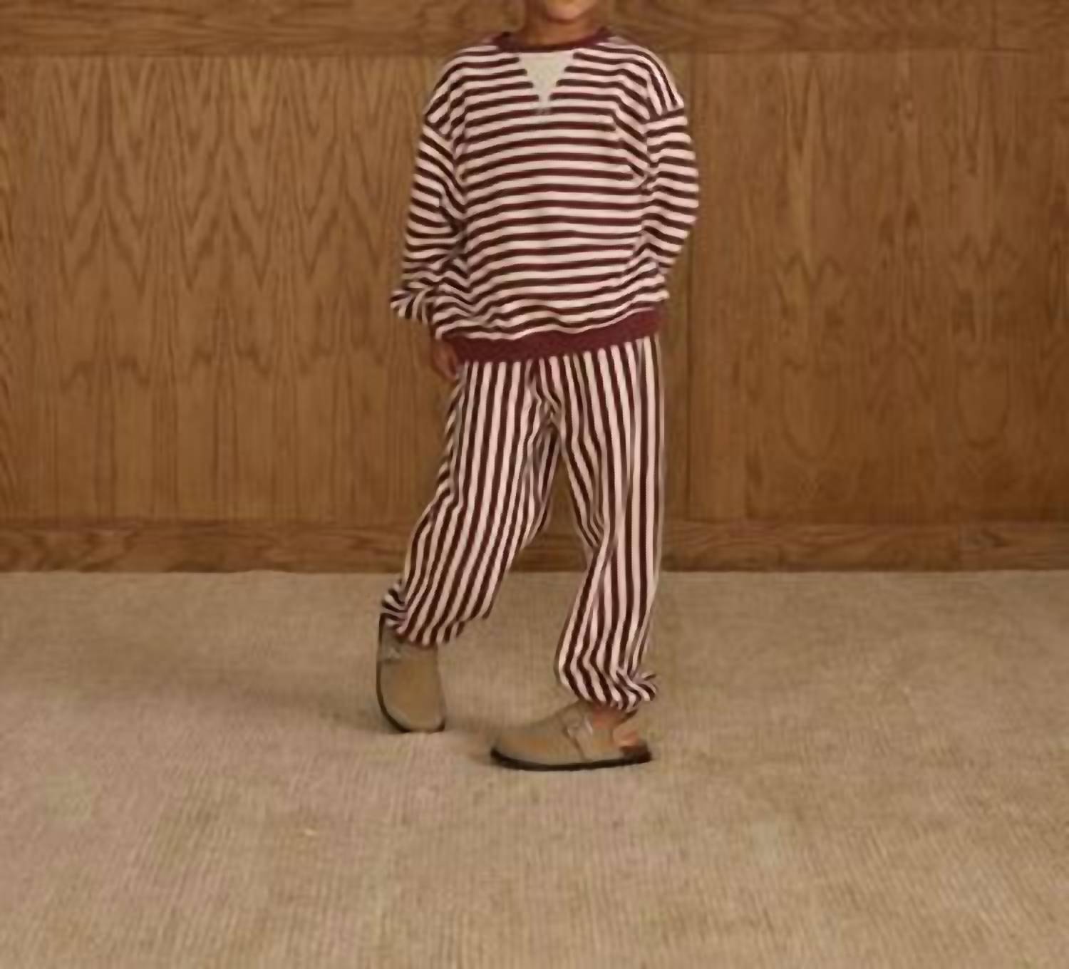 Rylee + Cru Oversized Crew Jogger Set in burgundy stripe - item