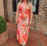 Tcec - Floral High Neck Satin Midi Dress