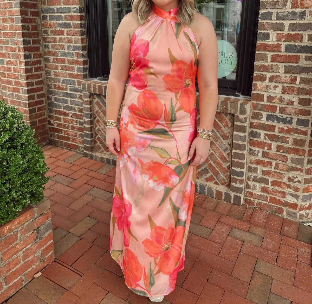 Tcec - Floral High Neck Satin Midi Dress