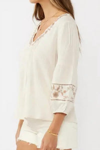 LOVESTITCH Women's Quarter Sleeve V Neck Top in natural brown - women's blouse - alternate view