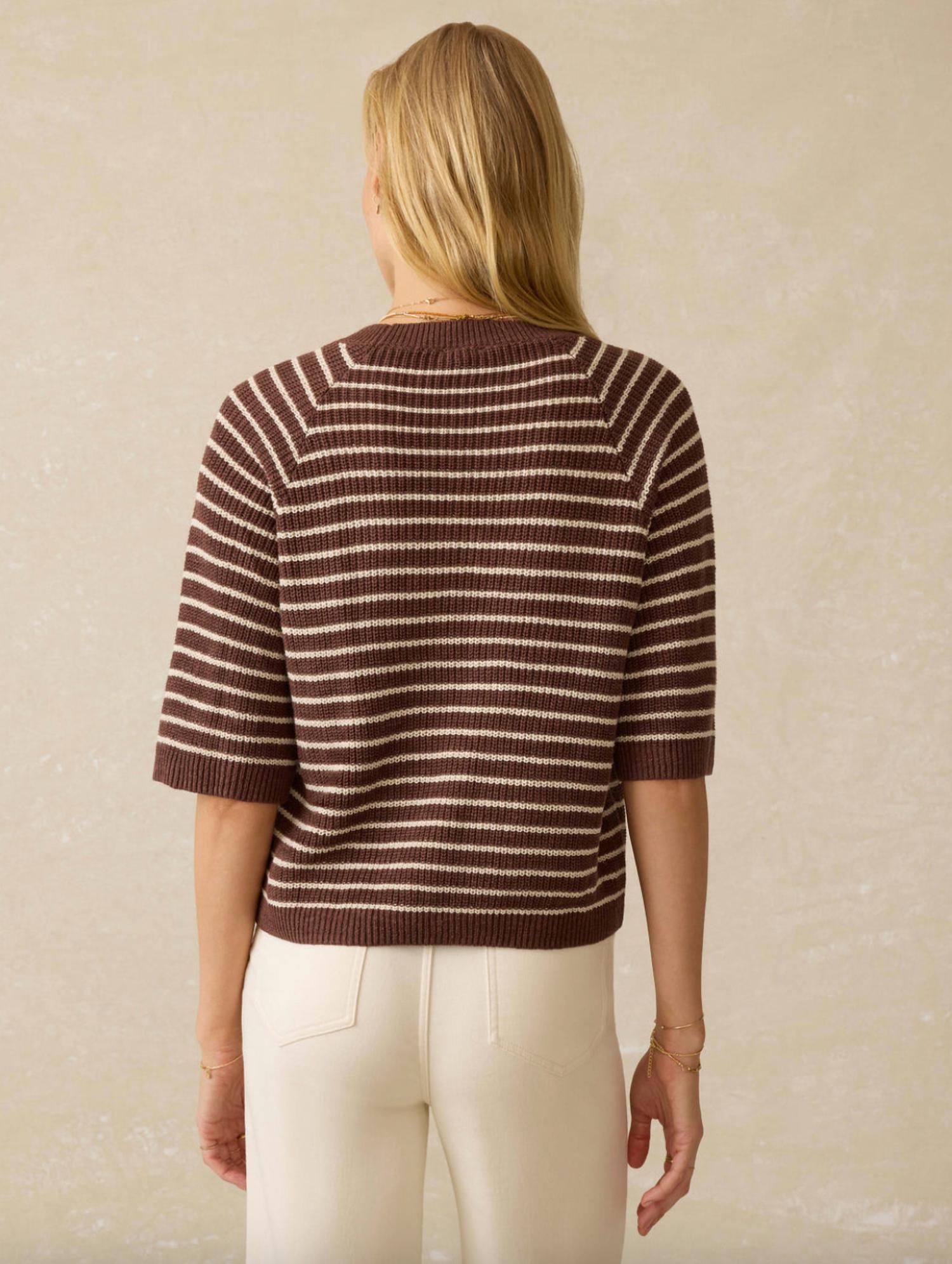 Faherty Miramar Linen Sweater Tee in cocoa sand stripe 2 - women's sweater - detail view