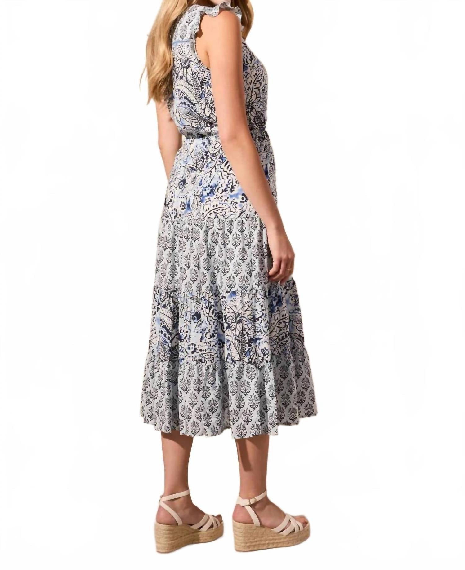 Tribal - Printed V-neck Dress W/drawcord Waist