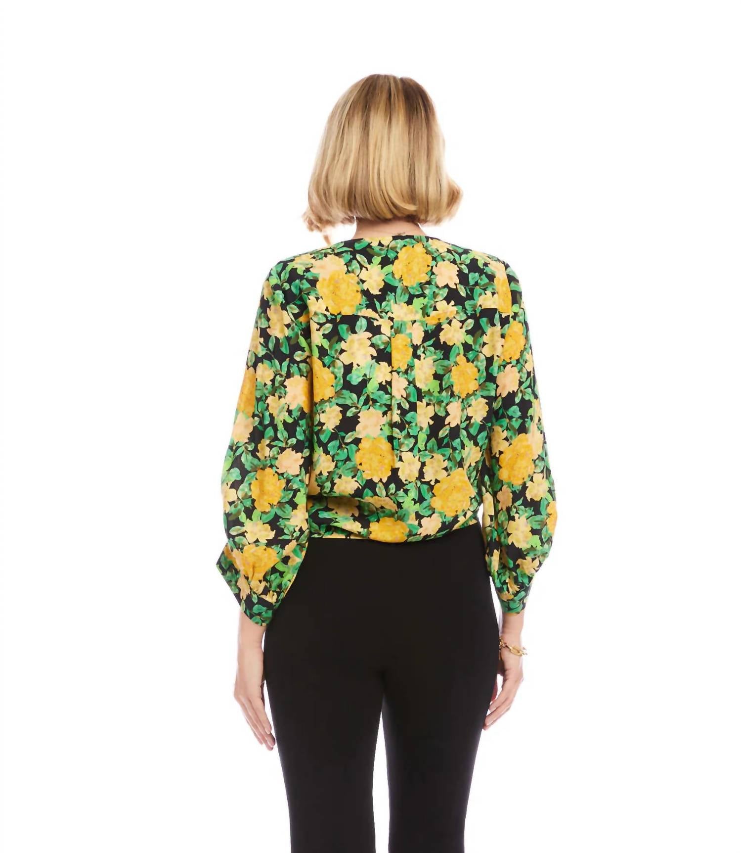 Karen Kane Sun Dazed Front Tie Blouse in floral print - women's blouse - detail view