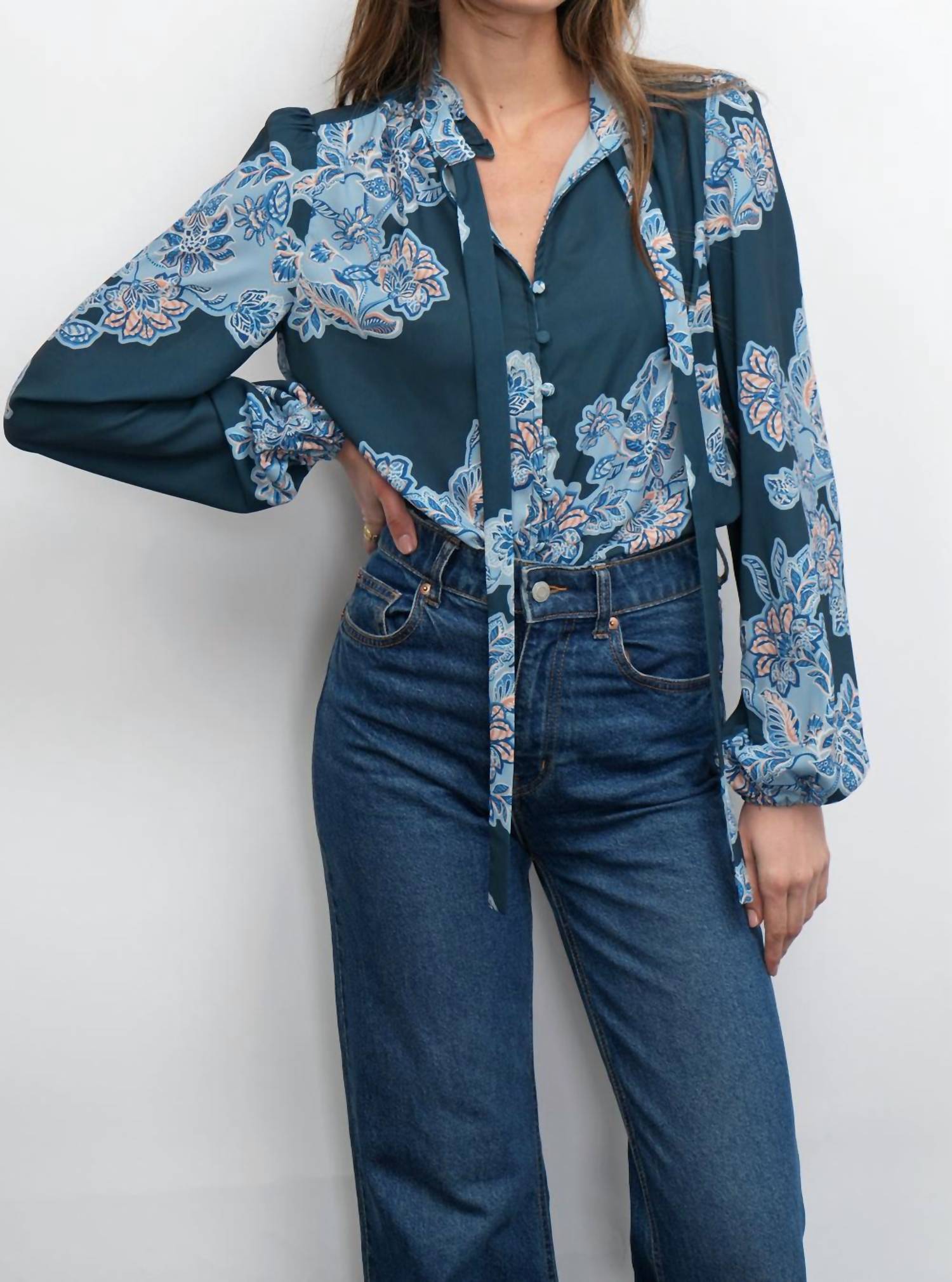Greylin - Cierra Button Up Tie Neck Blouse