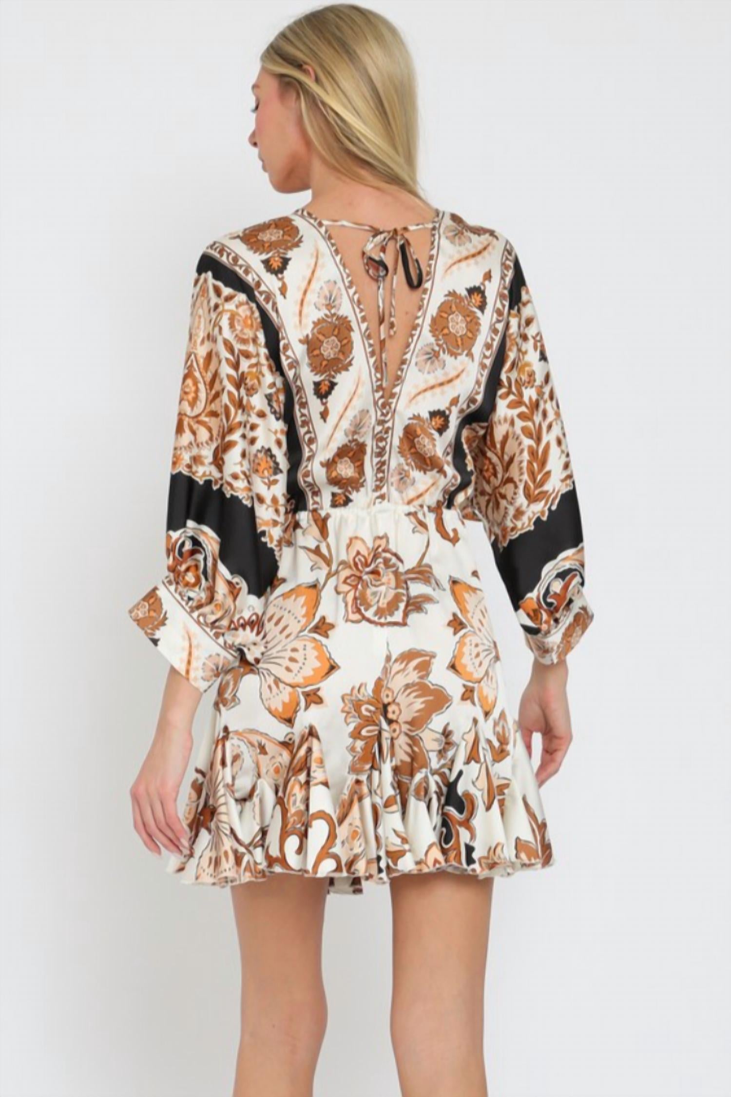 Aakaa Dolman Sleeve Border Print Dress in brown - women's dress - detail view