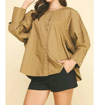 PINCH Chloe Button Down Top in khaki - women's long sleeve top - detail view