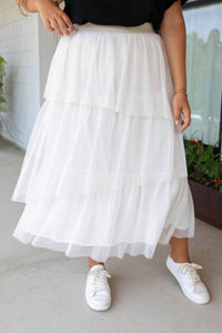 mystree Whimsical Layers Asymetrical Ruffle Tulle Midi Skirt in cream - women's skirt