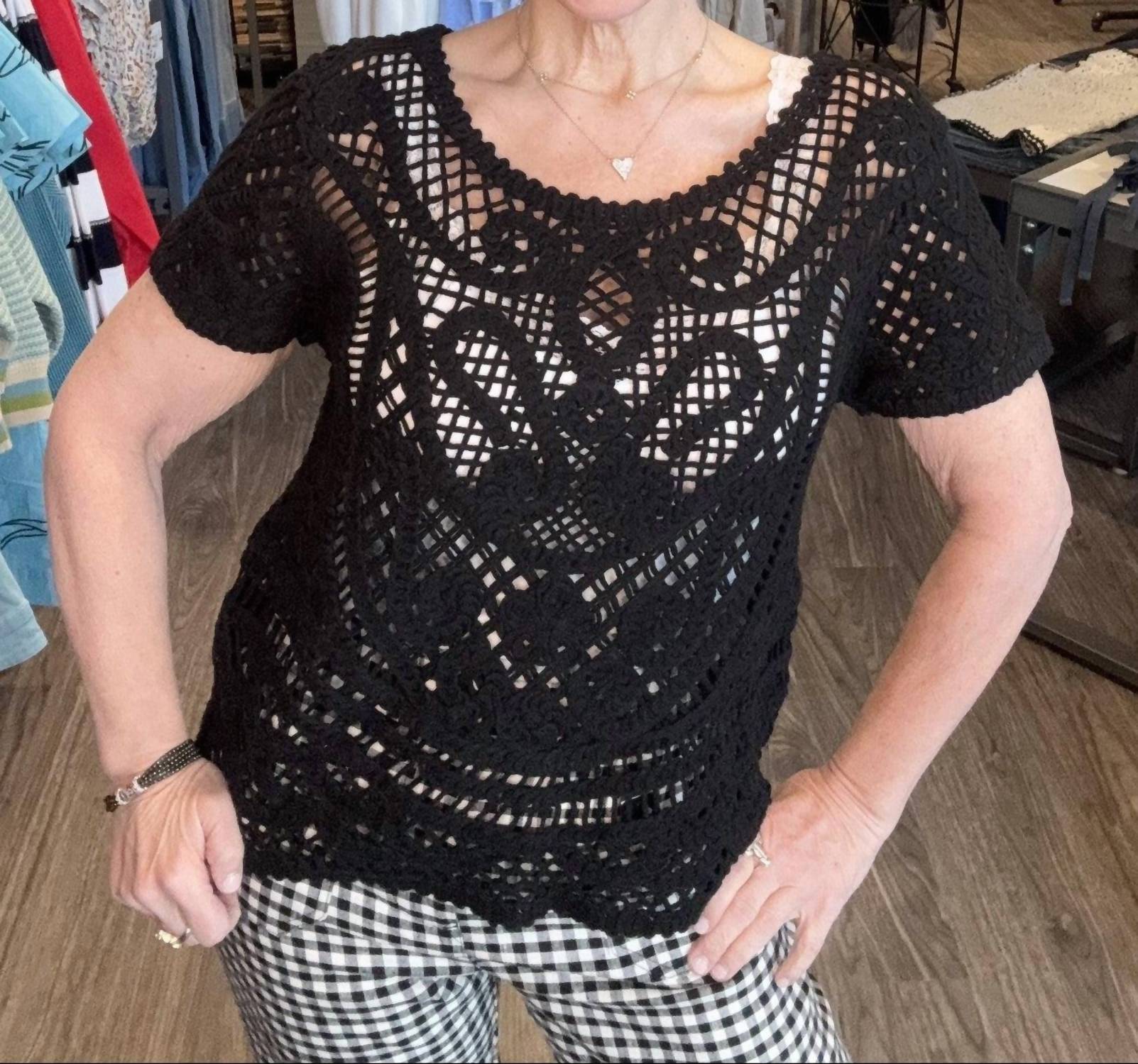 CHARLIE B Short Sleeve Crochet Sweater Top in black - women's blouse