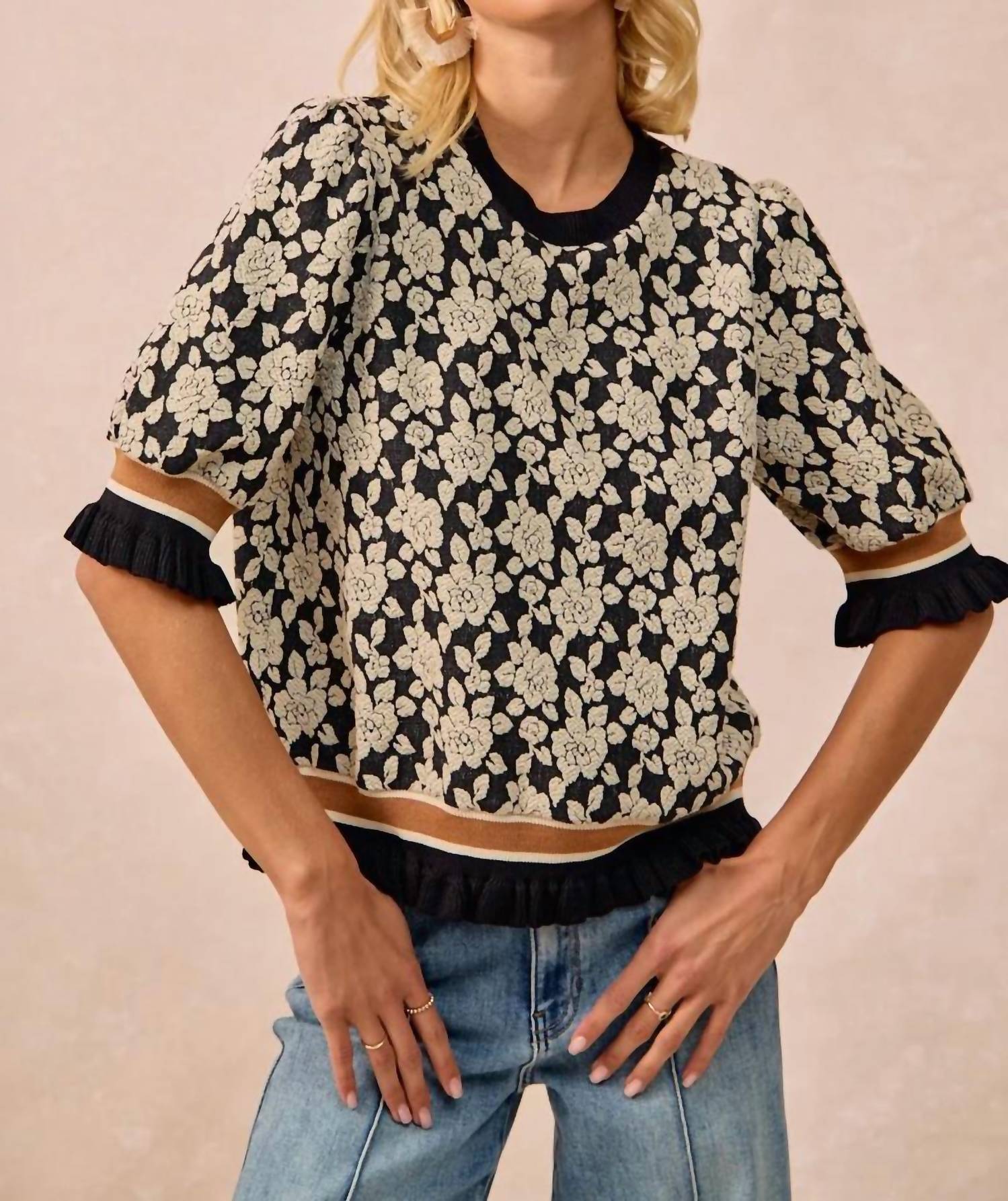 Bibi - Textured Rose Knit Top