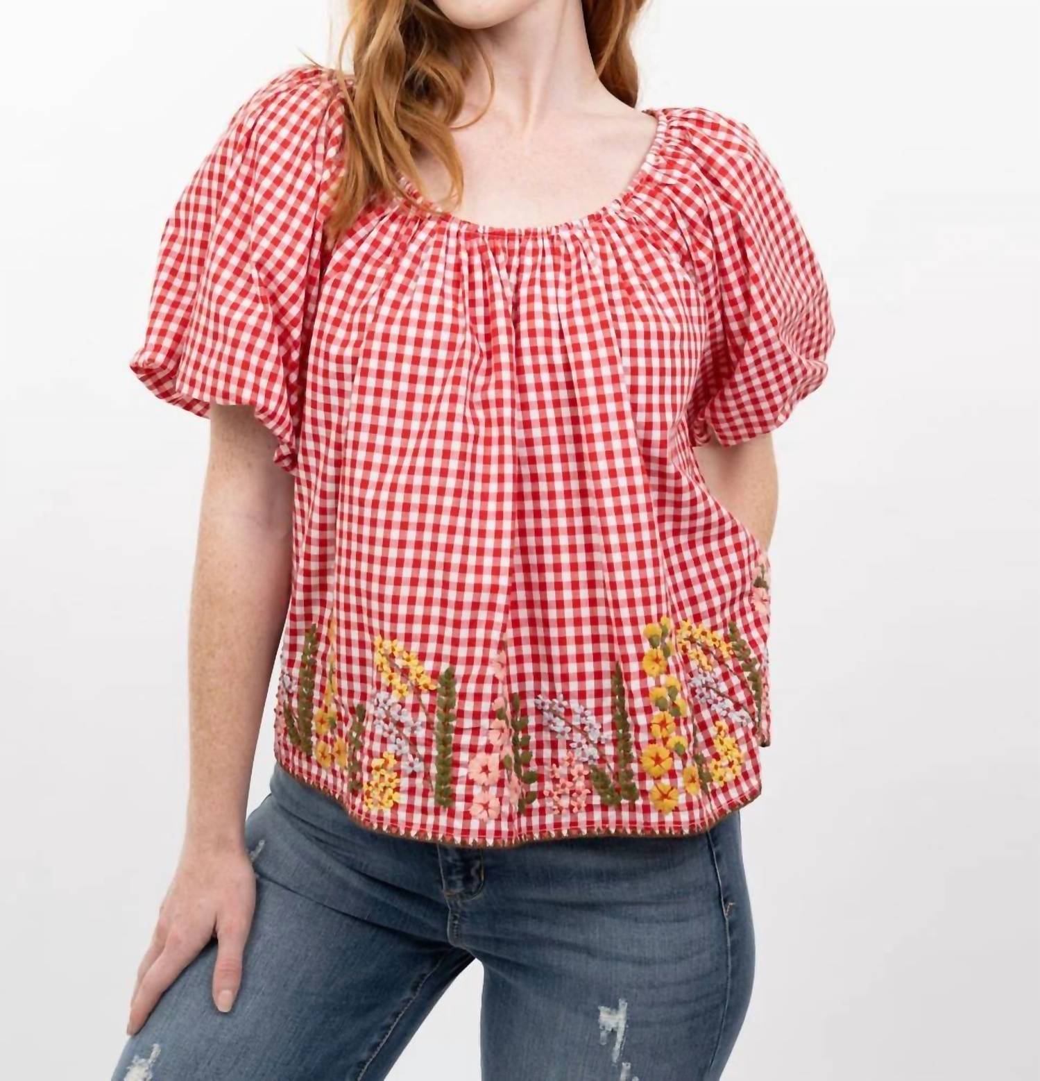 Ivy Jane - Gingham Flowers Scoop Neck Top