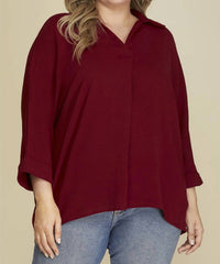She + Sky - Quarter Sleeve Collared Blouse