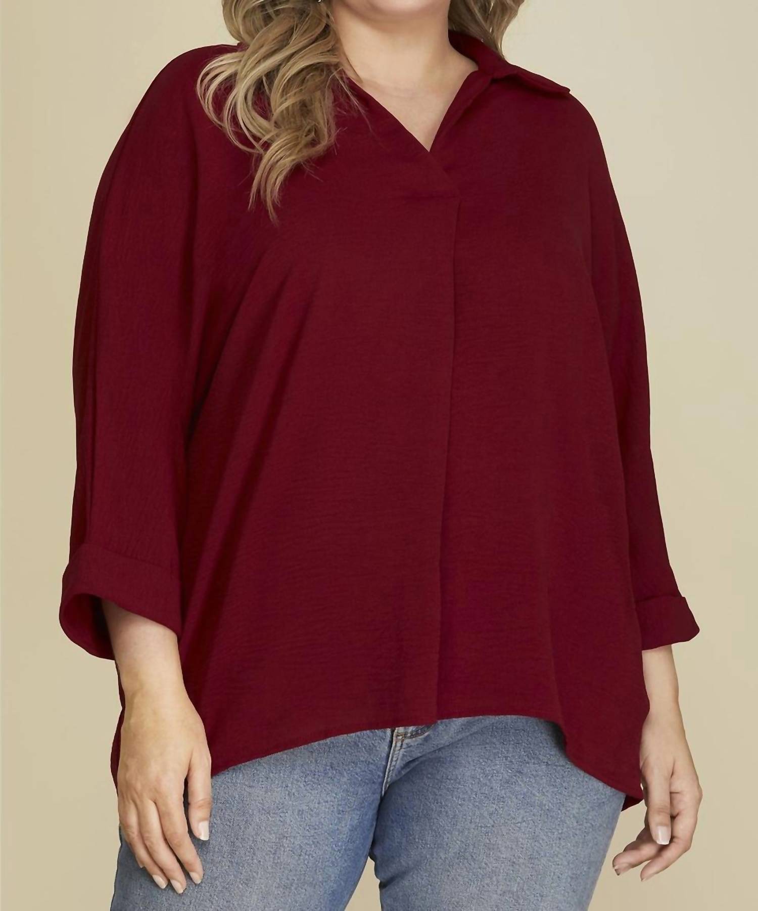 She + Sky - Quarter Sleeve Collared Blouse