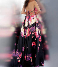 Jovani - Floral Print Pleated Skirt Strapless Prom Dress