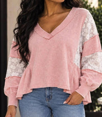 Surelymine - Mineral Wash V-neck Peplum With Sheer Lace Sleeves Top