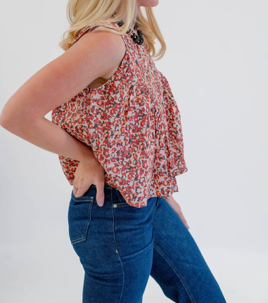 Tcec - Floral Print Pleated Detail Flowy Top