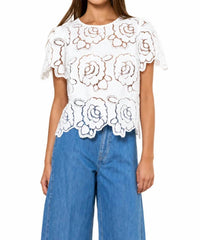 Lalavon - June Floral Eyelet Short Bell Sleeve Top