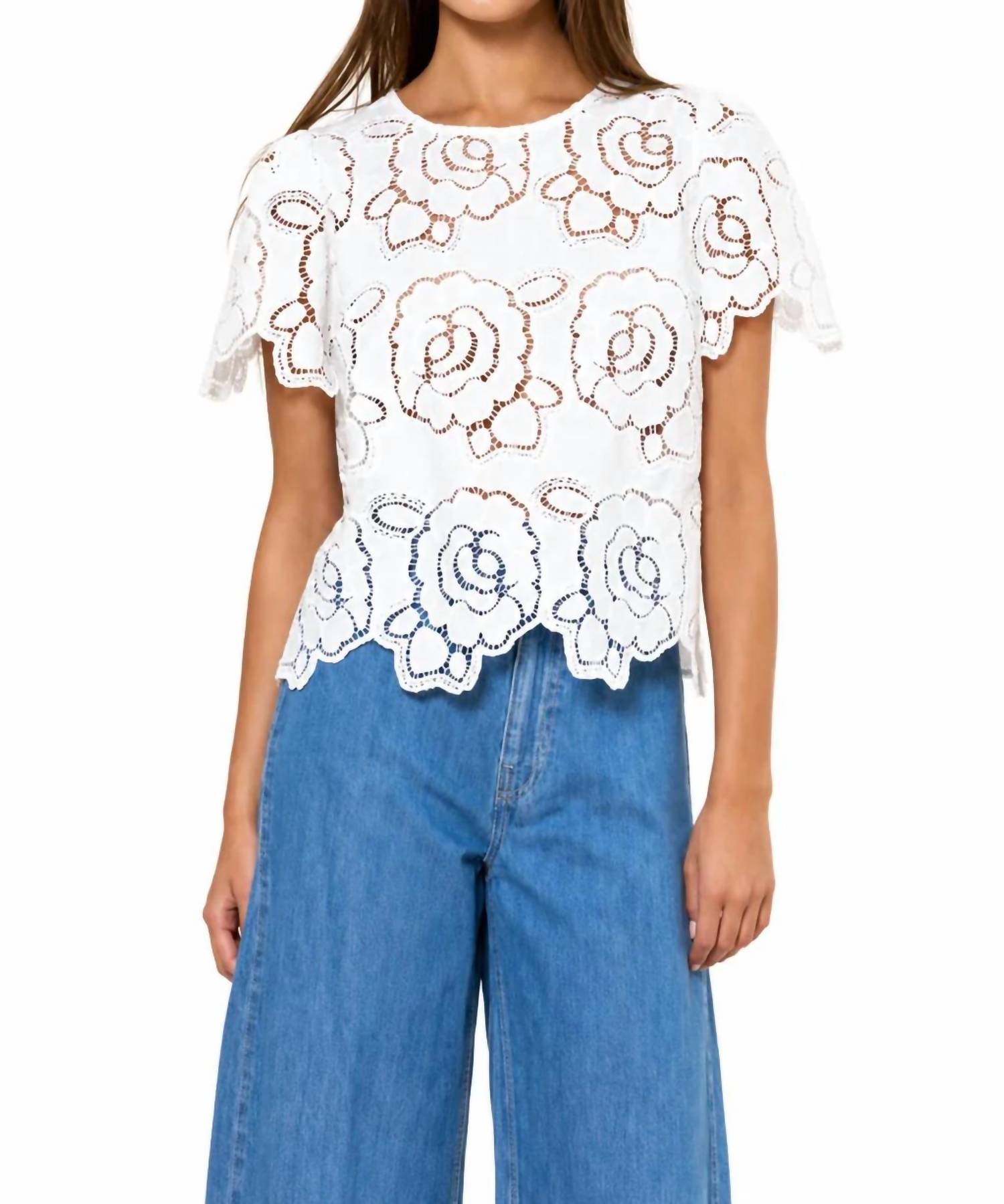 Lalavon - June Floral Eyelet Short Bell Sleeve Top