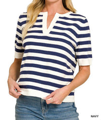 Zenana - Split Neck Stripe Short Sleeve Sweater