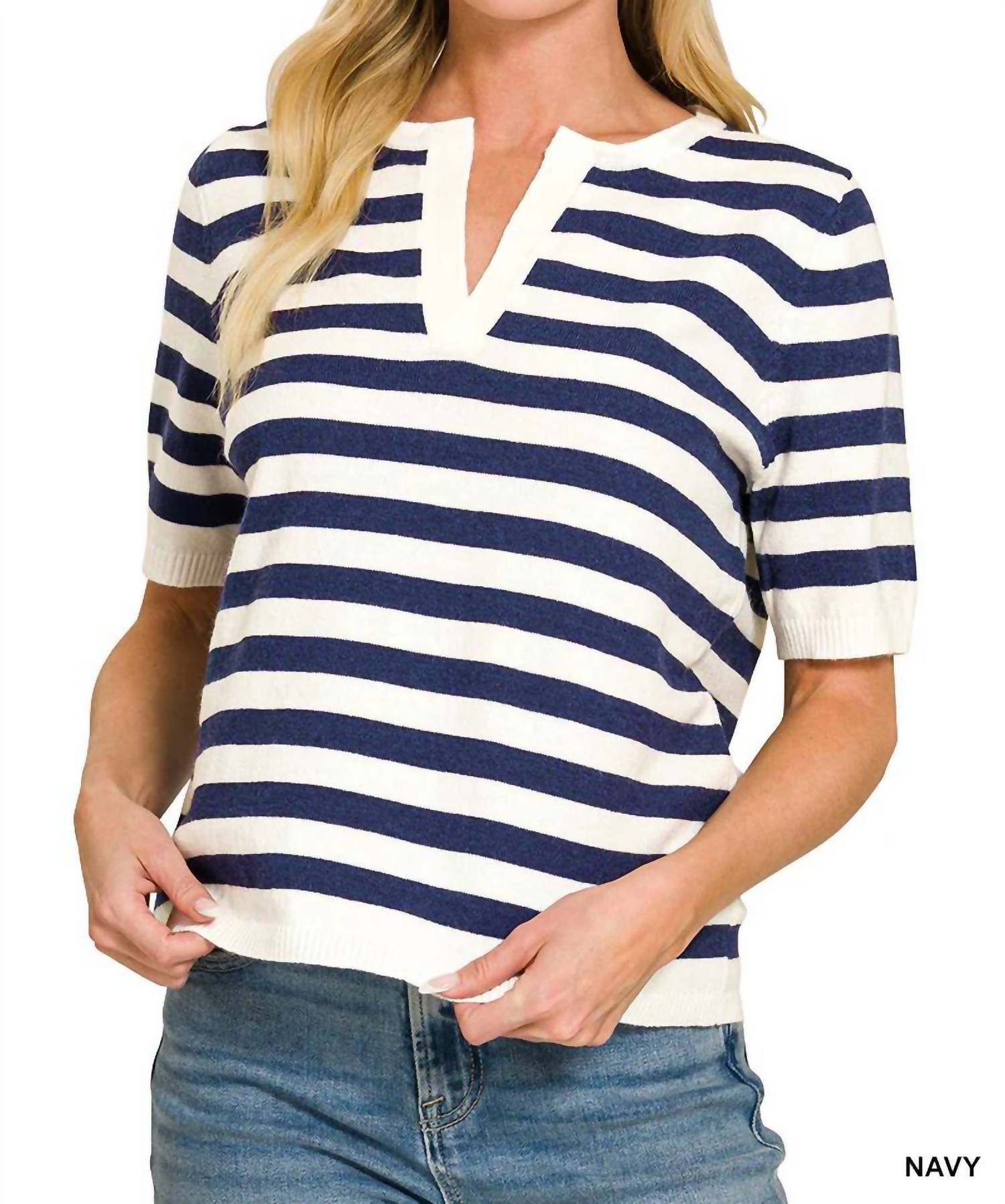 Zenana - Split Neck Stripe Short Sleeve Sweater