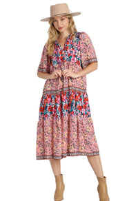 Umgee - Mixed Floral Print Tiered Dress