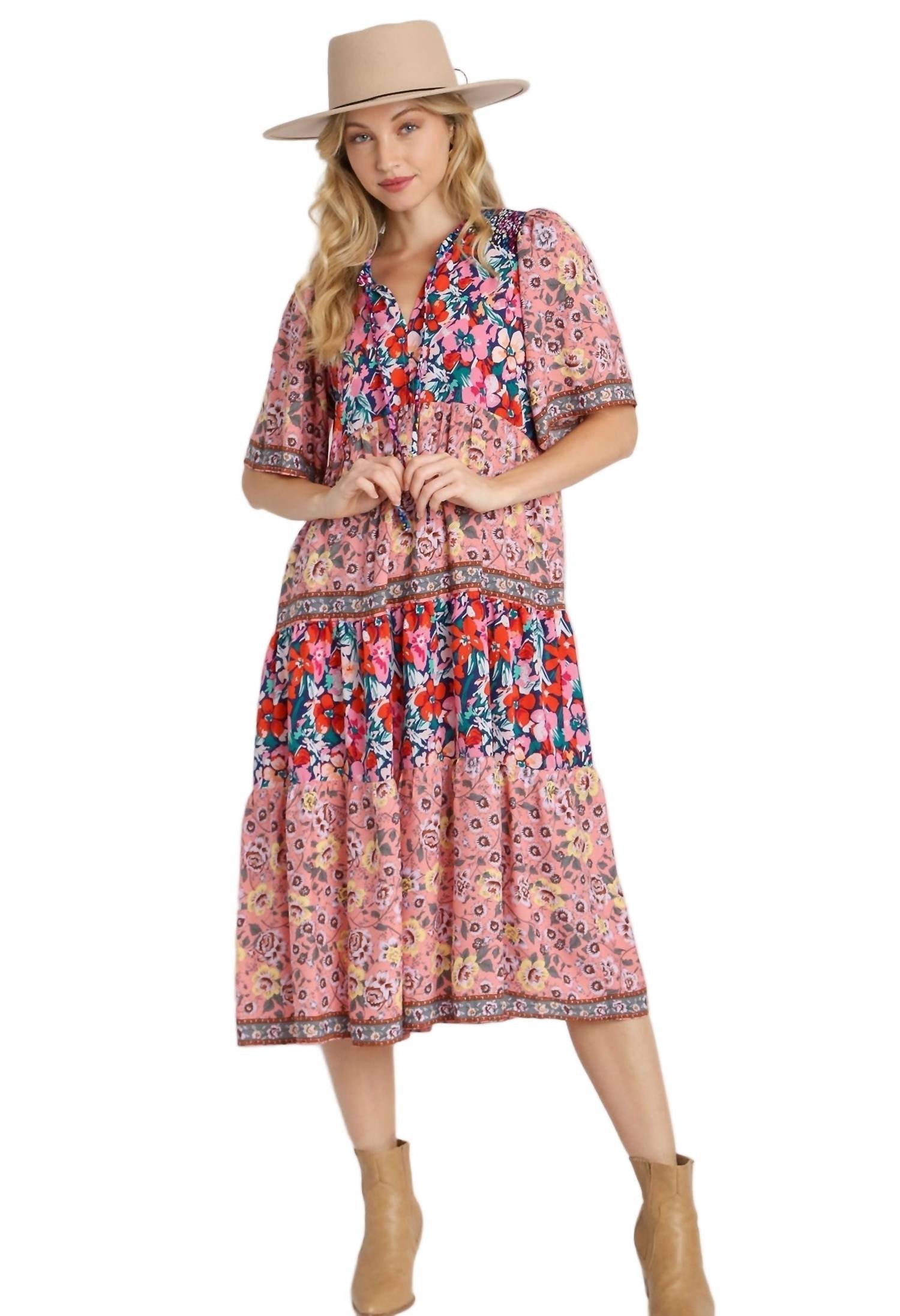 Umgee - Mixed Floral Print Tiered Dress