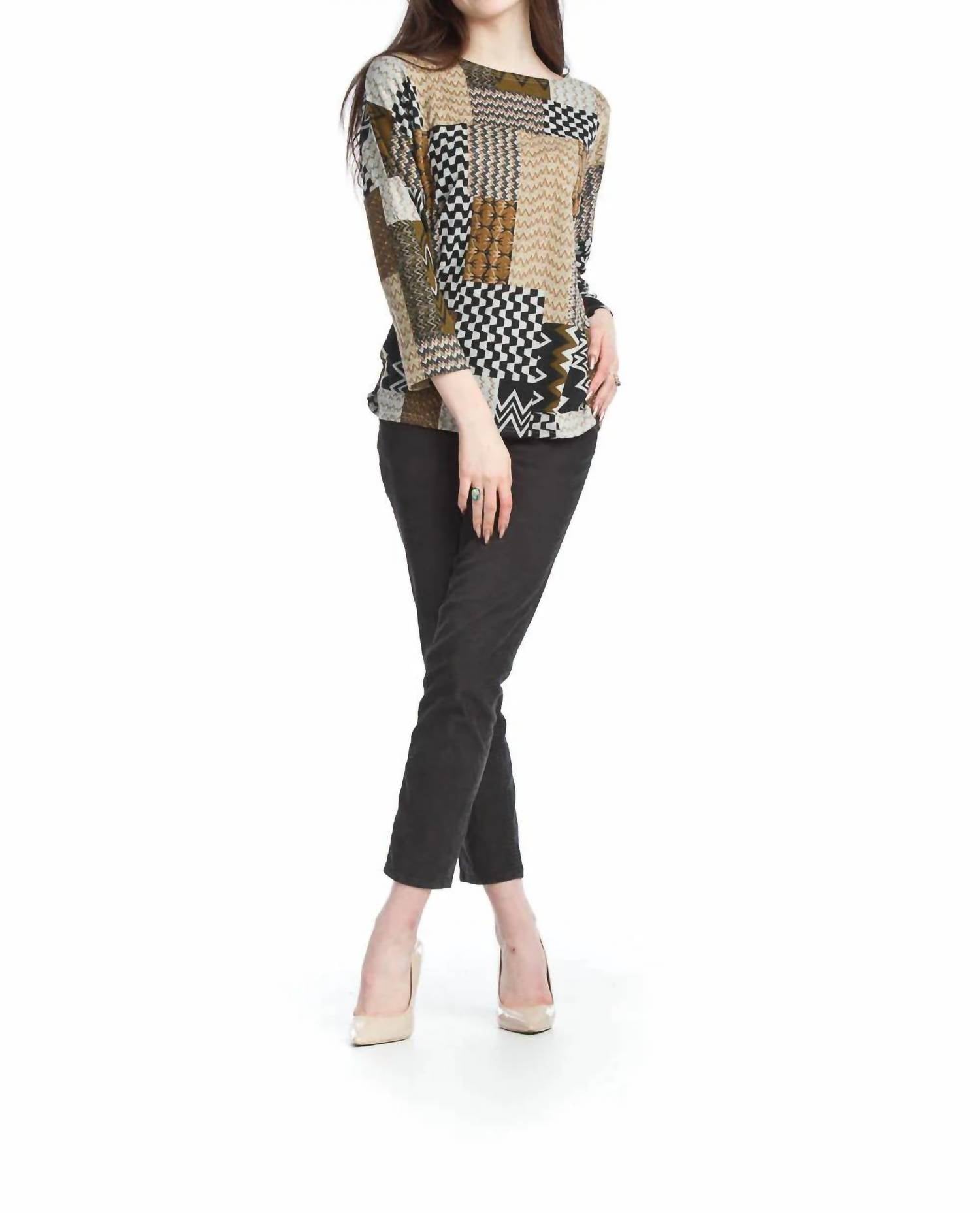 Papillon - Patchwork Print Sweater With Tab Sleeves