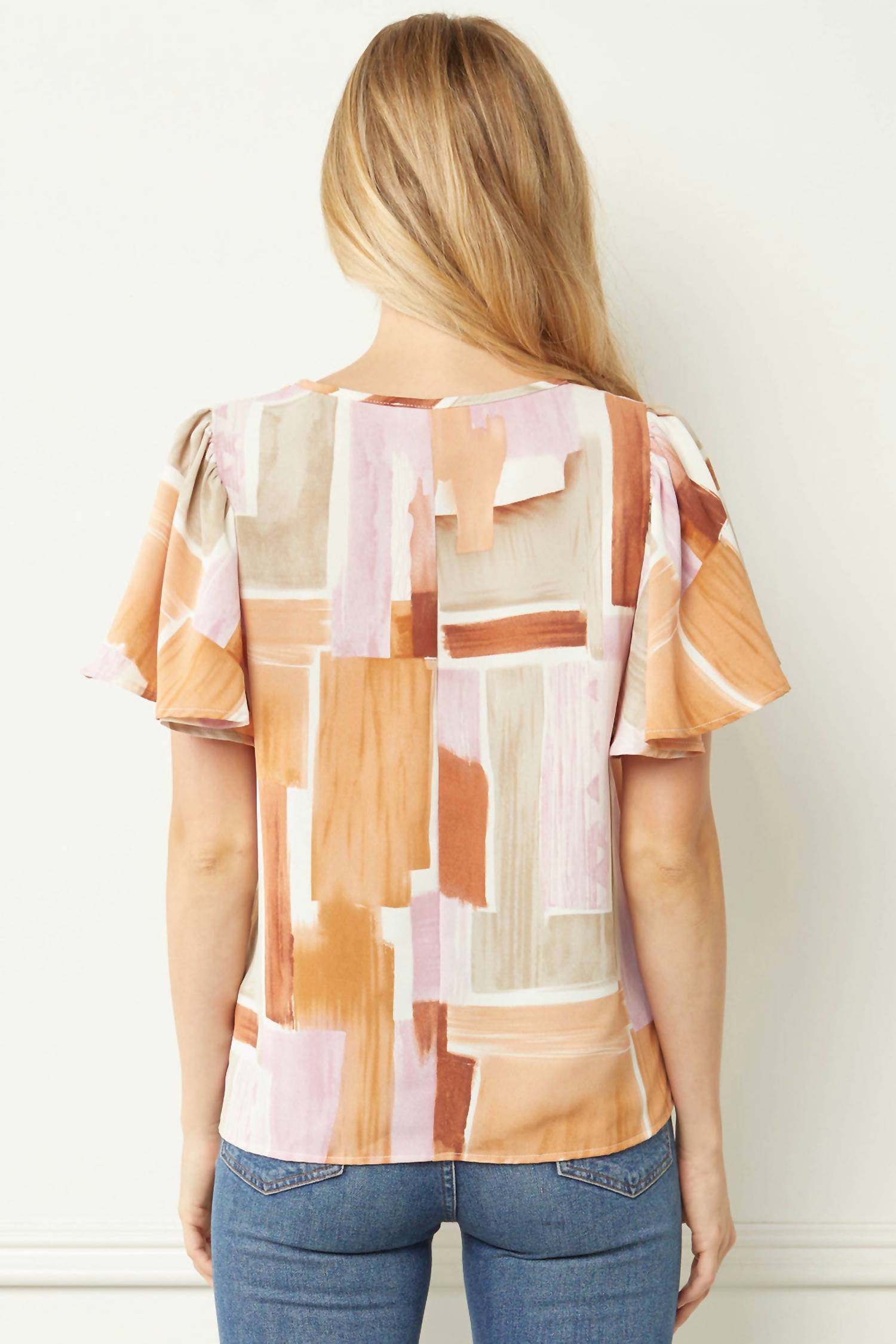 entro Flutter Sleeve V Neck Blouse in multi - women's blouse - alternate view
