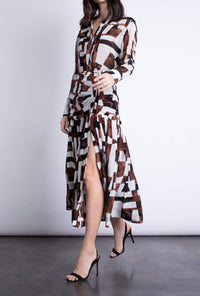 Karina Grimaldi Geo Print Maxi Skirt in brown multi - women's skirt - detail view