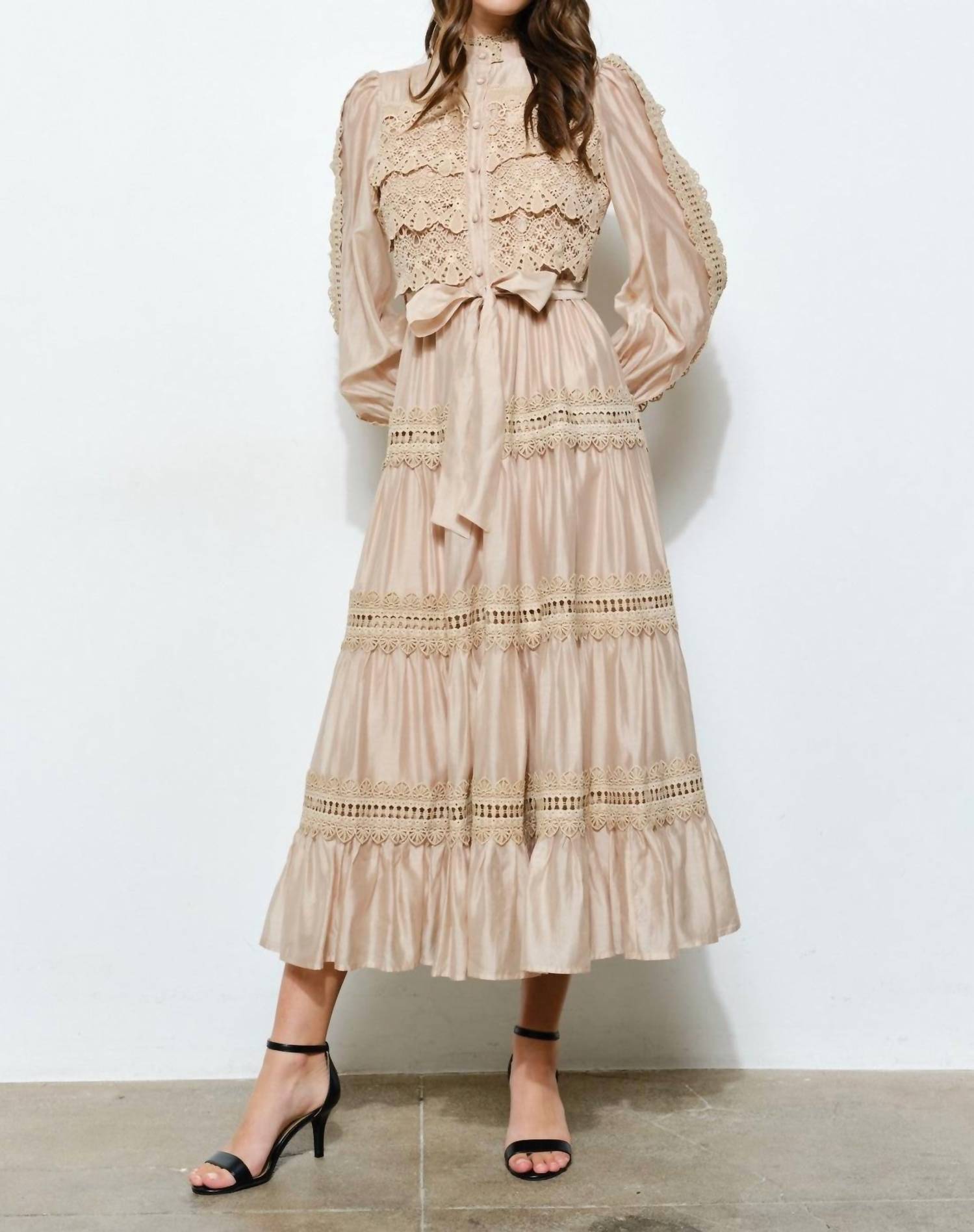INA Fashion Angelina Crochet-style Lace Panel Satin Midi Dress in taupe - women's dress