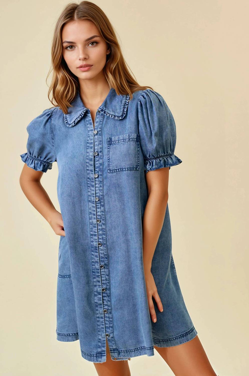 Doe And Rae - Denim Ruffle Mini Dress