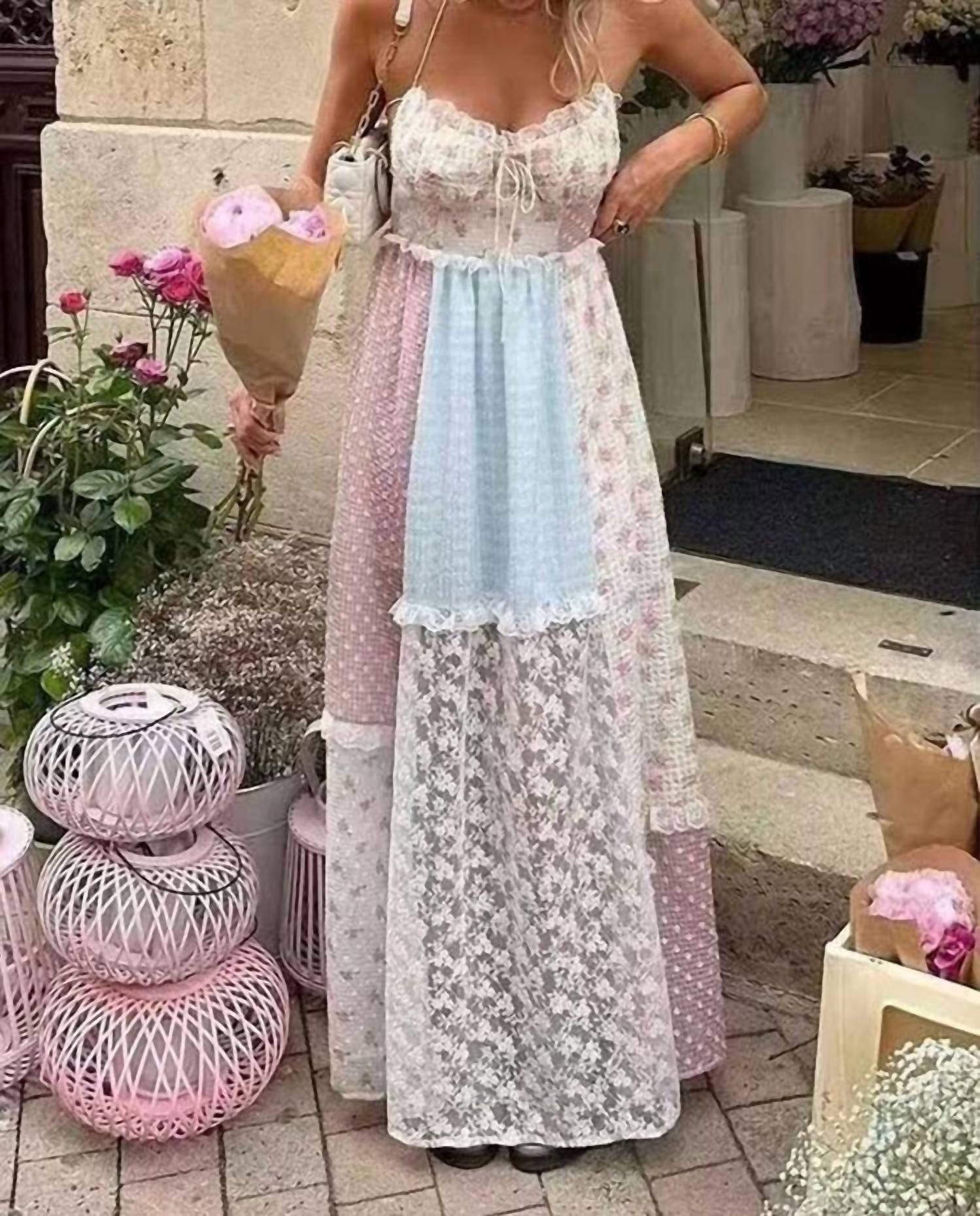 Rosa Clothing Lace Patchwork Halter Maxi Flare Dress in floral - women's dress - view 5